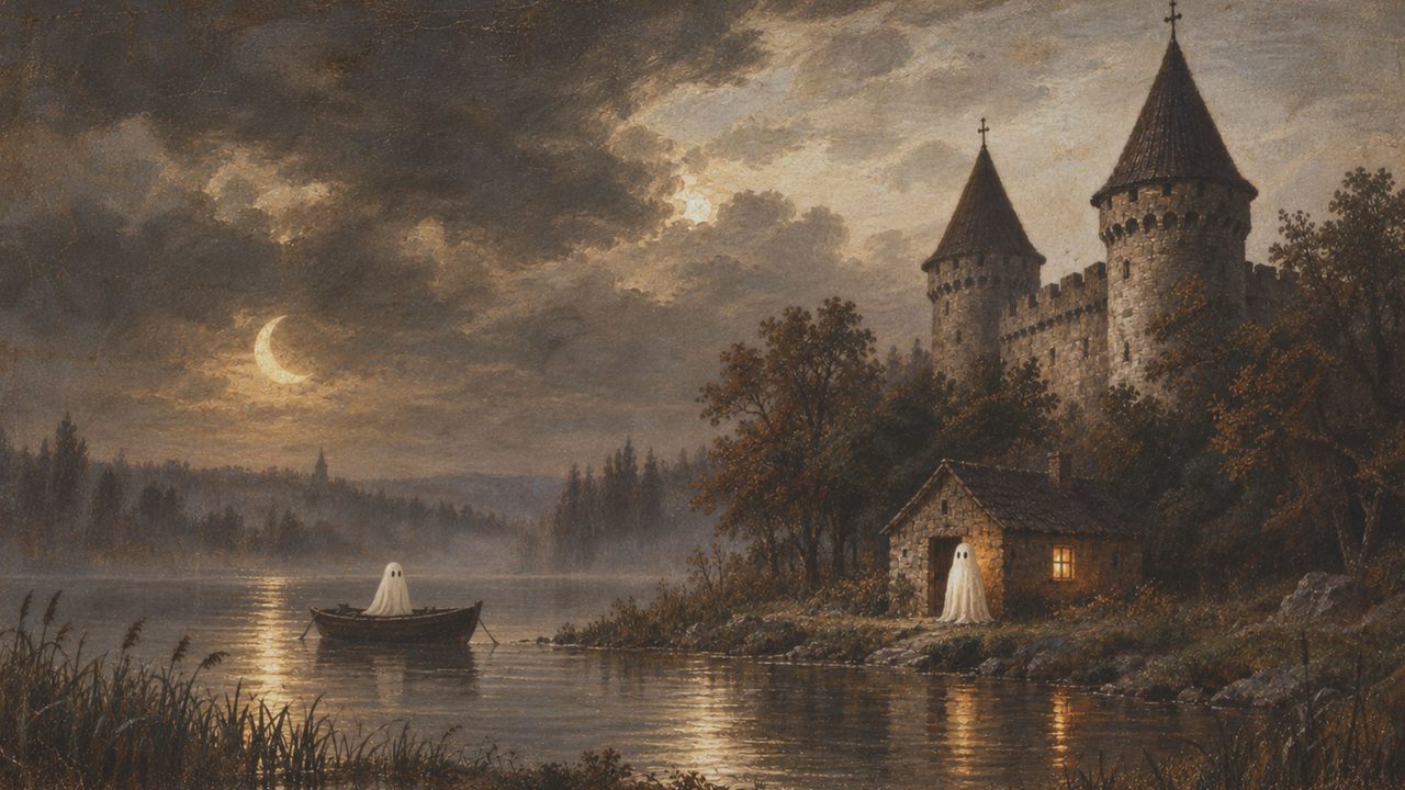 Halloween Frame TV Art, Vintage Moody Oil Painting (Castle by Moonlit Lake)