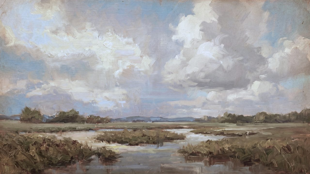 Vintage Frame TV Art, Antique Landscape Oil Painting (Marsh Under Billowing Clouds)