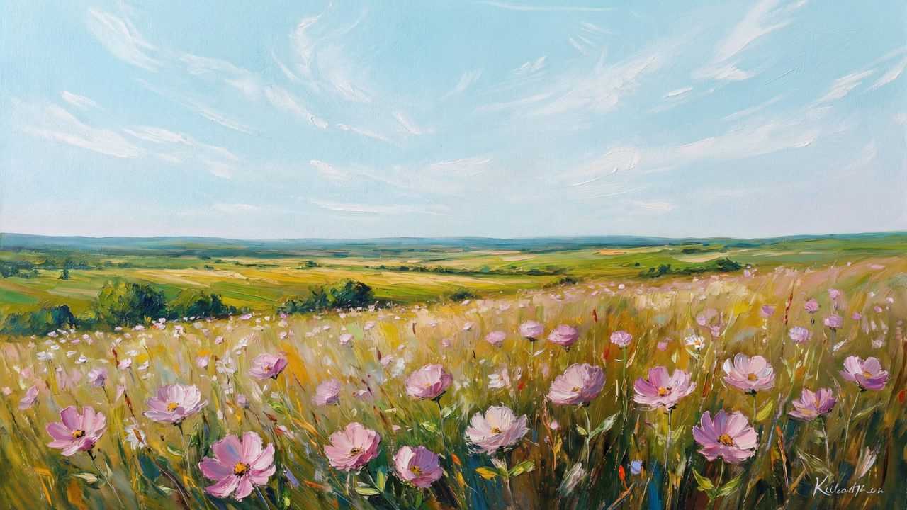 Spring Frame TV Art, Vintage Floral Landscape Oil Painting (Pink Flower Prairie)