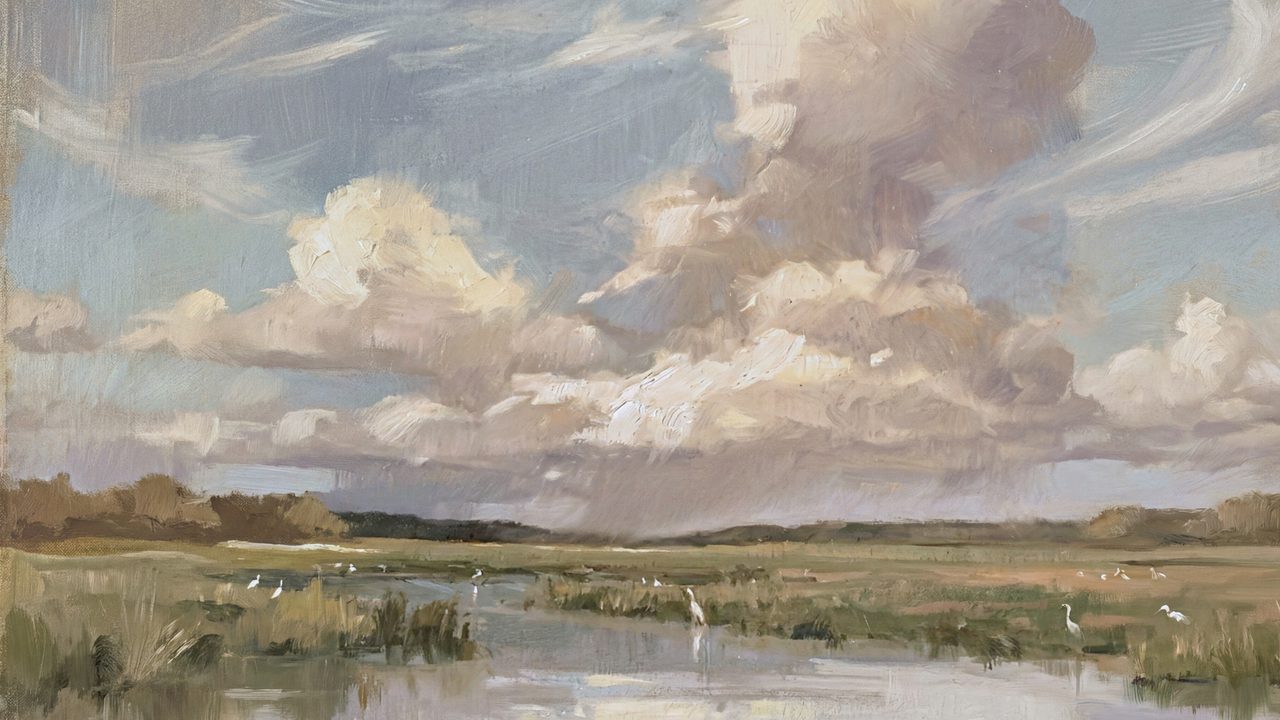 Nautical Frame TV Art, Coastal Oil Painting (Marsh Under Cloudy Sky)