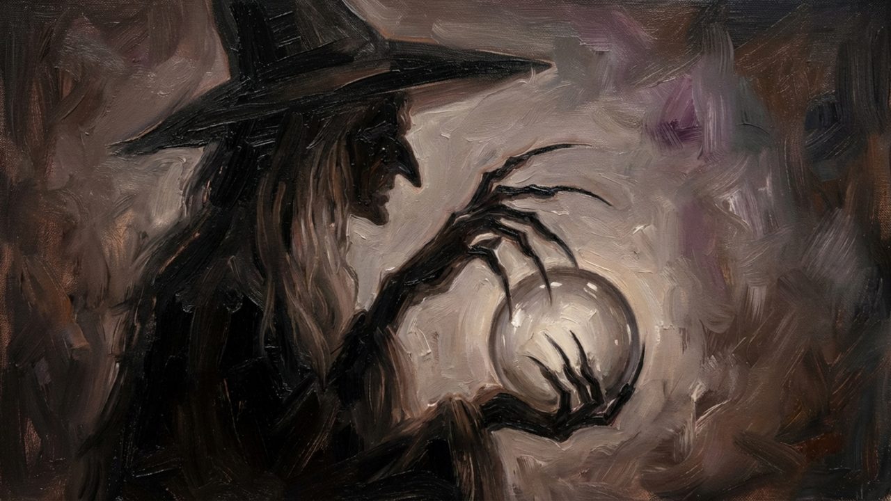 Halloween Frame TV Art, Vintage Moody Oil Painting (Witch with Crystal Ball 2)