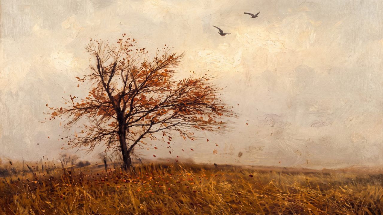 Fall Frame TV Art, Vintage Autumn Oil Painting (Lone Bare Tree in Field)