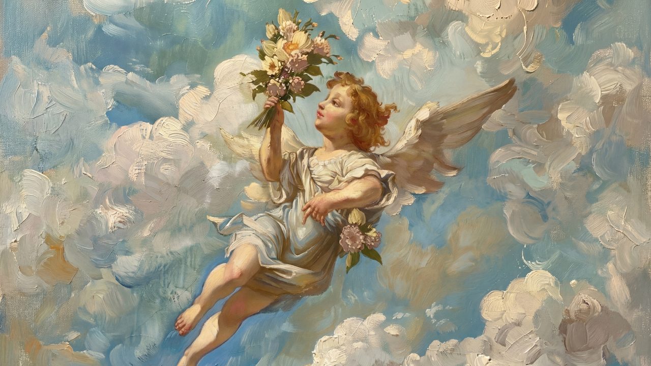 Christian Frame TV Art, Jesus Religious Oil Painting (Cherub with Roses in Clouds)