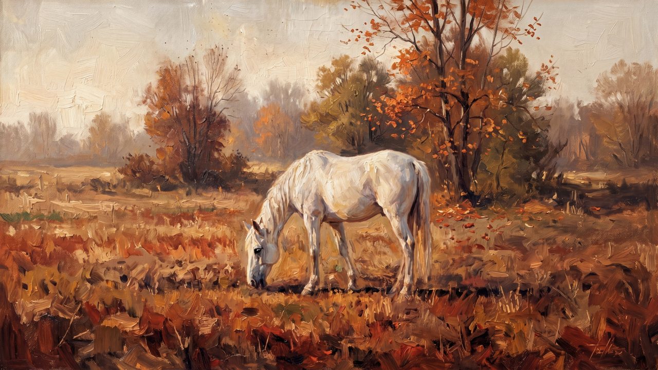 Fall Frame TV Art, Vintage Autumn Oil Painting (White Horse Grazing in Autumn)