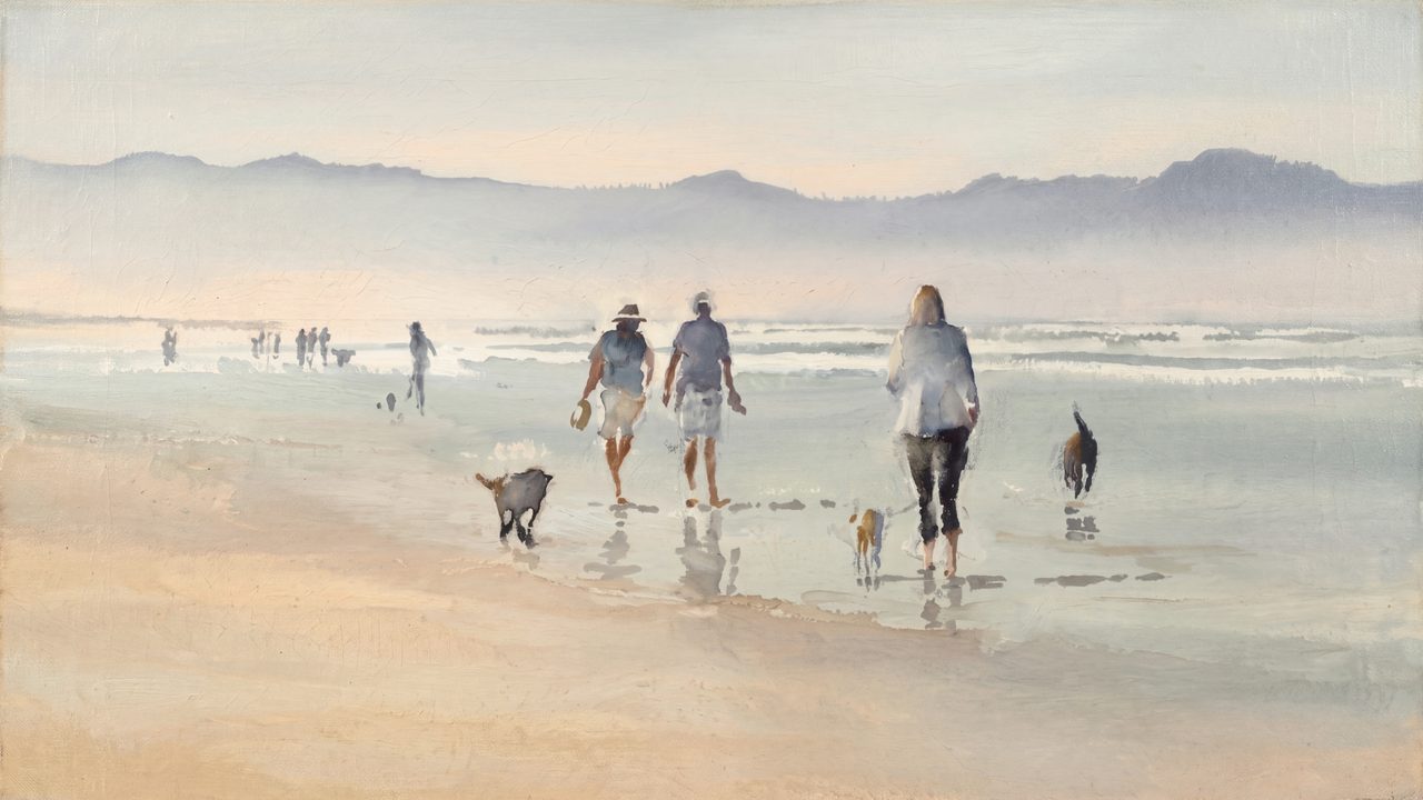 Summer Frame TV Art, Coastal Beach Oil Painting (People Walking Dogs on Beach)