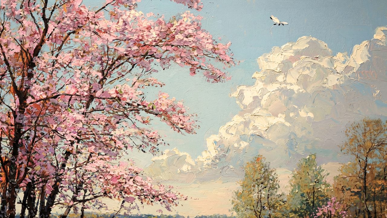 Spring Frame TV Art, Vintage Floral Landscape Oil Painting (Cherry Blossoms Under Blue Sky)