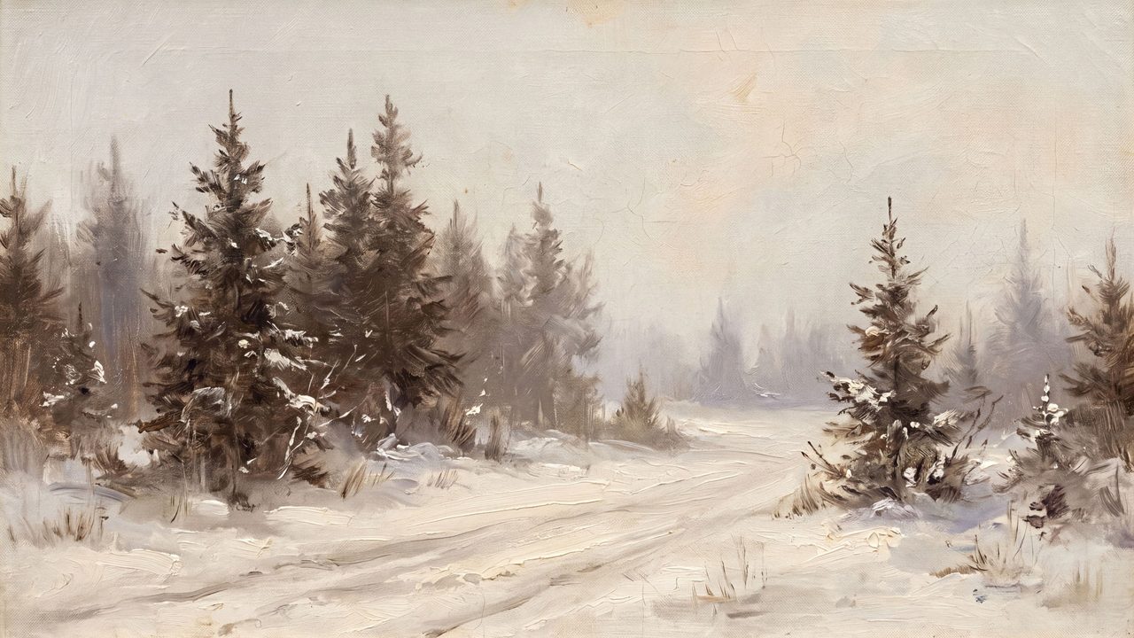 Christmas Frame TV Art, Vintage Holiday Oil Painting (Snowy Pines Landscape)