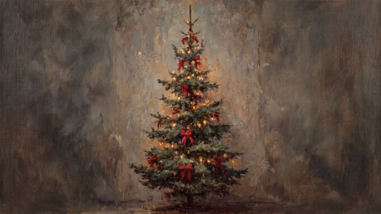 Christmas Frame TV Art, Vintage Holiday Oil Painting (Christmas Tree on Dark Background)