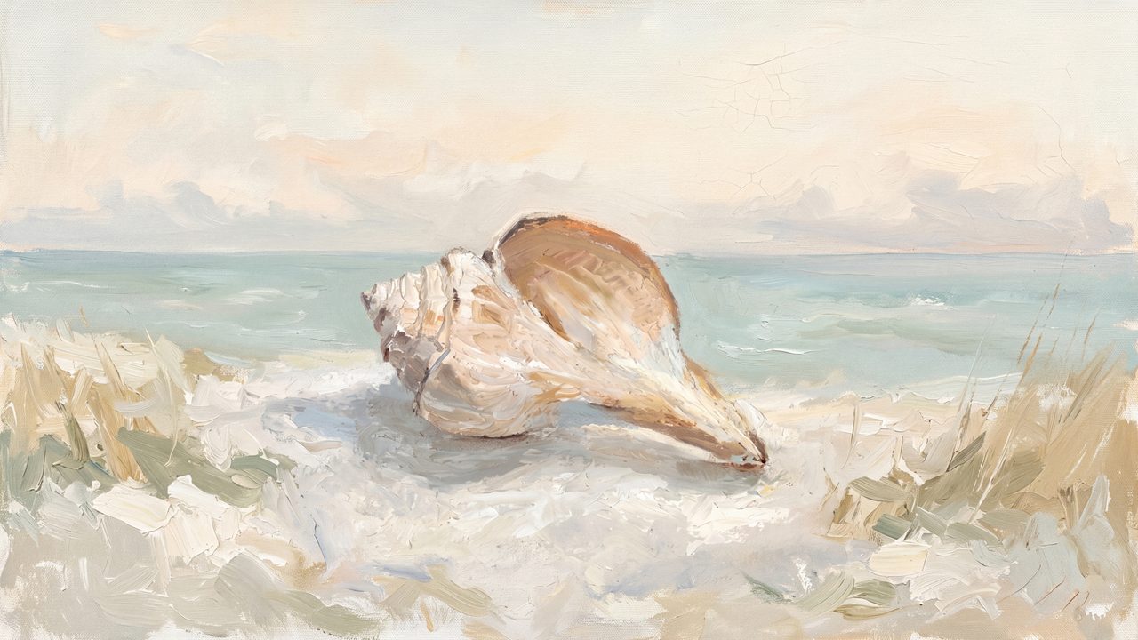 Summer Frame TV Art, Coastal Beach Oil Painting (Seashell on Beach)