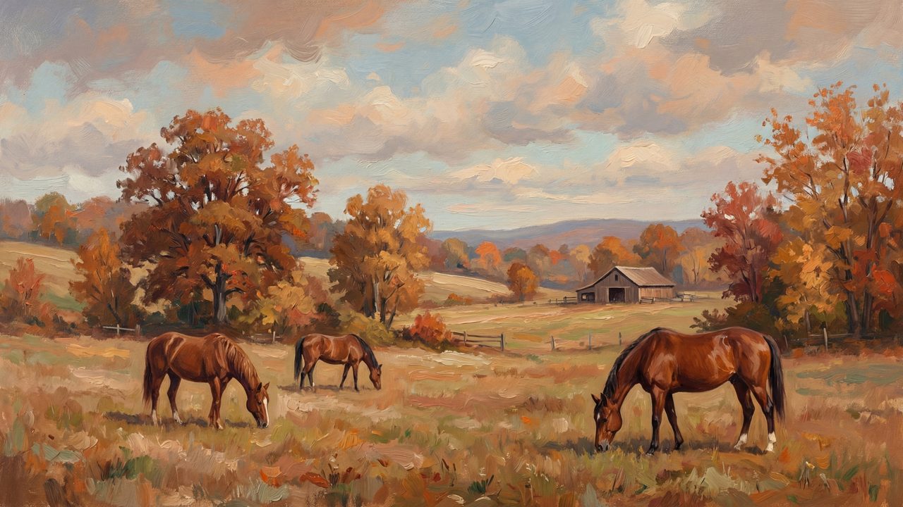 Fall Frame TV Art, Vintage Autumn Oil Painting (Horses Grazing in Autumn 2)