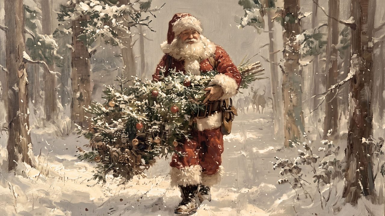 Christmas Frame TV Art, Vintage Holiday Oil Painting (Santa Carrying Christmas Tree)