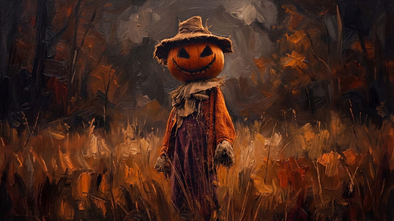 Halloween Frame TV Art, Vintage Moody Oil Painting (Pumpkin Head Scarecrow in Field)