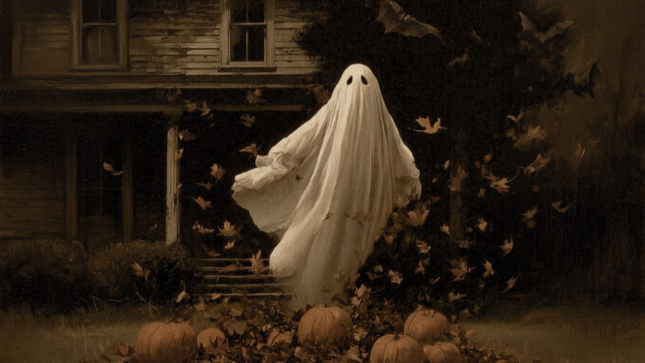 Fall Frame TV Art, Vintage Autumn Oil Painting (Ghost by Old House)