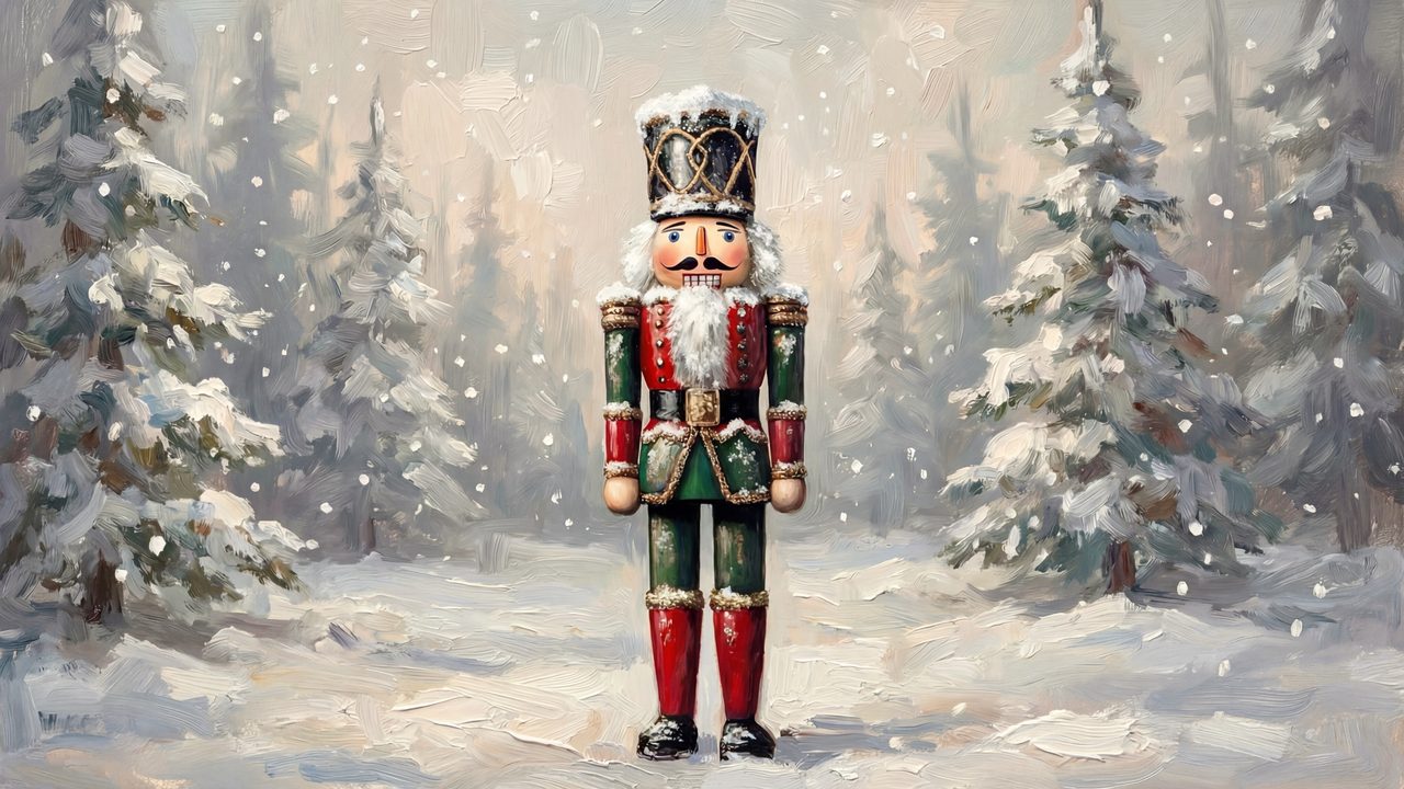 Christmas Frame TV Art, Vintage Holiday Oil Painting (Nutcracker in Snowy Forest)