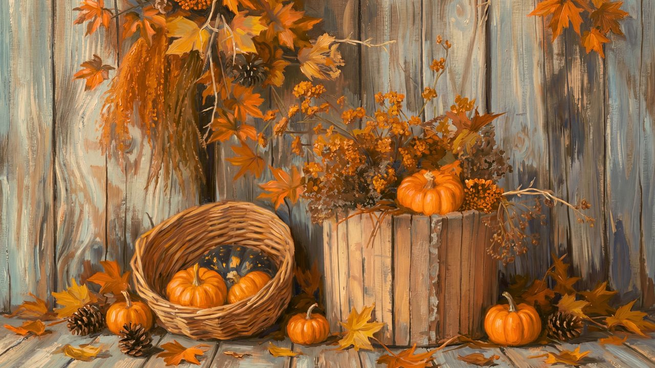 Fall Frame TV Art, Vintage Autumn Oil Painting (Pumpkins by Rustic Fence)