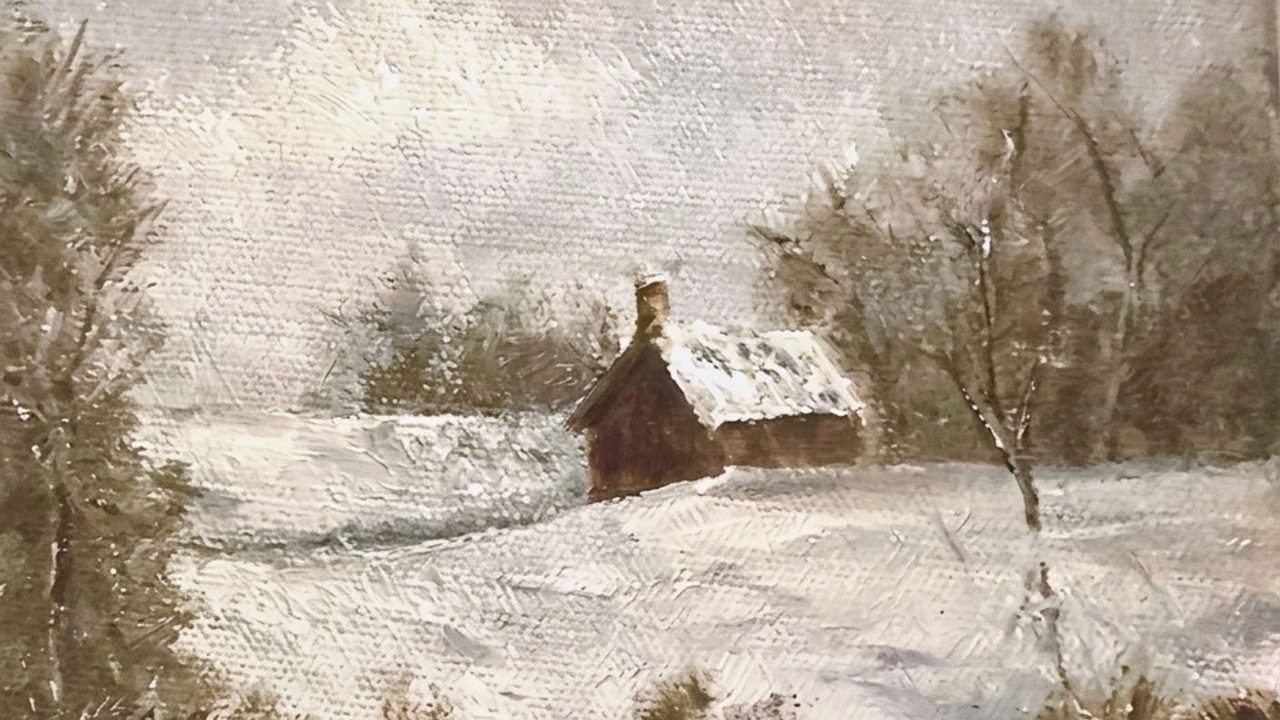 Christmas Frame TV Art, Vintage Holiday Oil Painting (Cottage in Snowy Field 2)