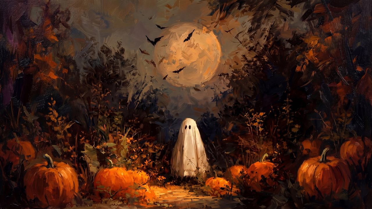 Halloween Frame TV Art, Vintage Moody Oil Painting (Ghost in Moonlit Pumpkin Patch)