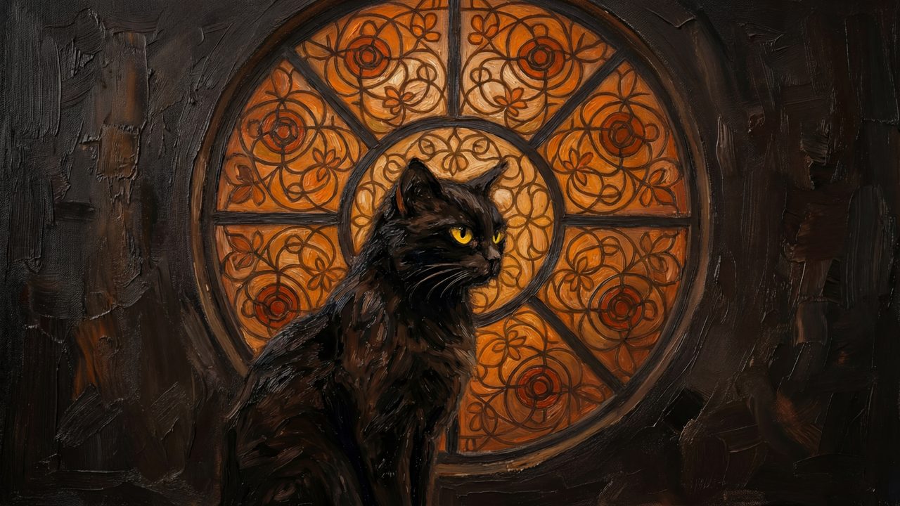 Halloween Frame TV Art, Vintage Moody Oil Painting (Black Cat by Round Window)