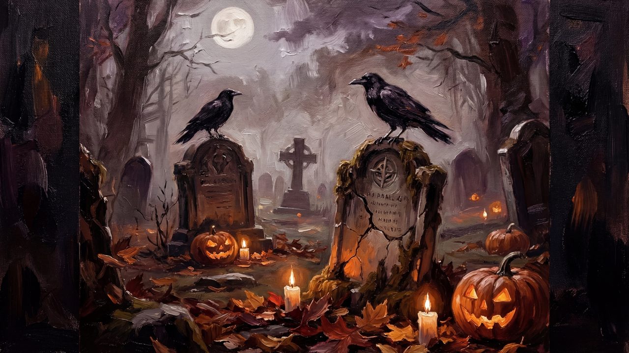 Halloween Frame TV Art, Vintage Moody Oil Painting (Ravens on Gravestones)