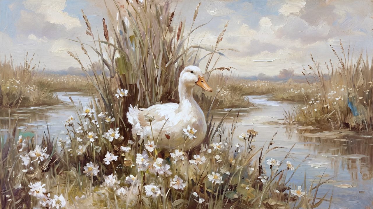 Vintage Frame TV Art, Antique Landscape Oil Painting (White Duck Among Flowers)