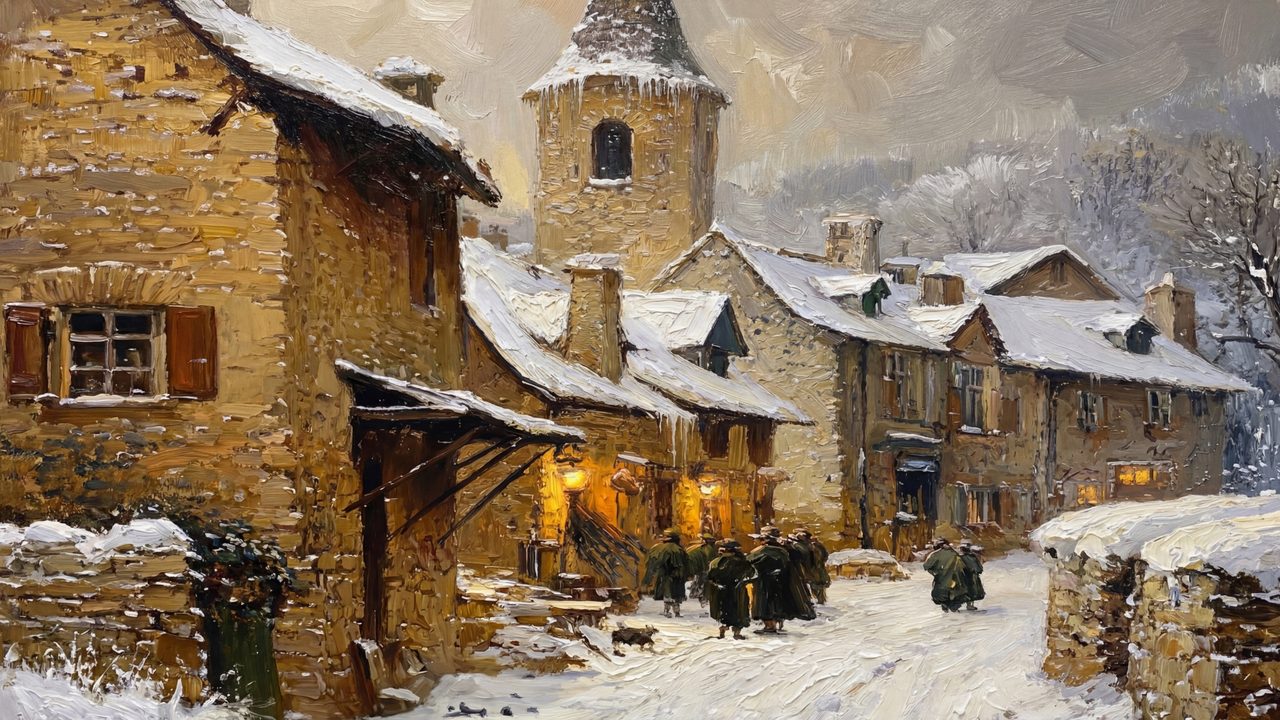 Christmas Frame TV Art, Vintage Holiday Oil Painting (Snowy Stone Village)