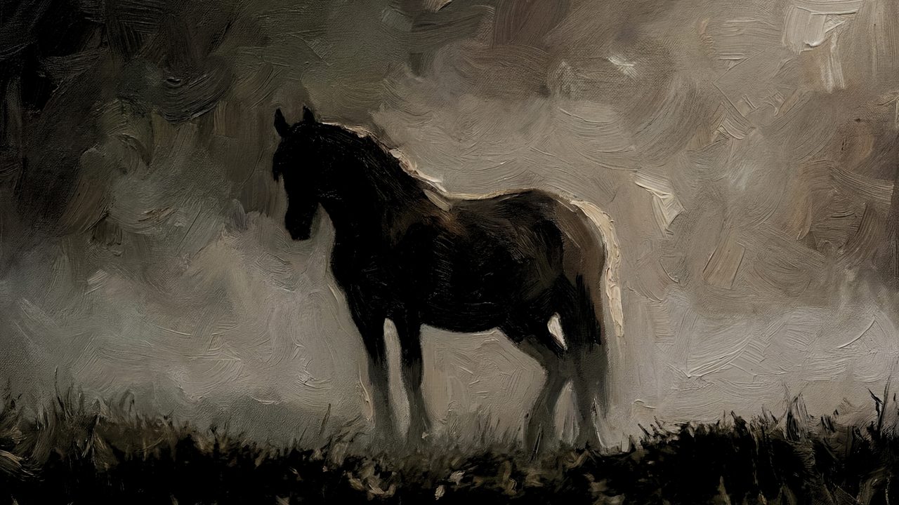 Dark Academia Frame TV Art, Moody Vintage Oil Painting (Dark Horse in Mist)