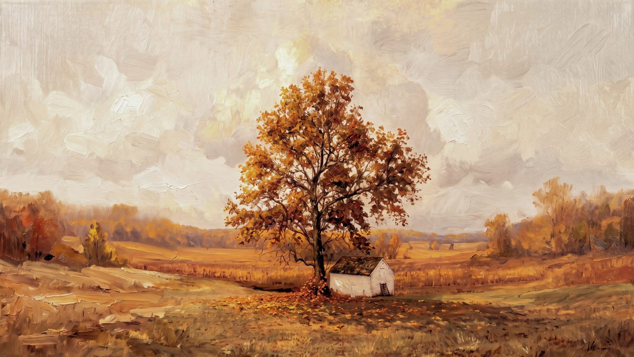 Fall Frame TV Art, Vintage Autumn Oil Painting (Golden Tree by Cottage)