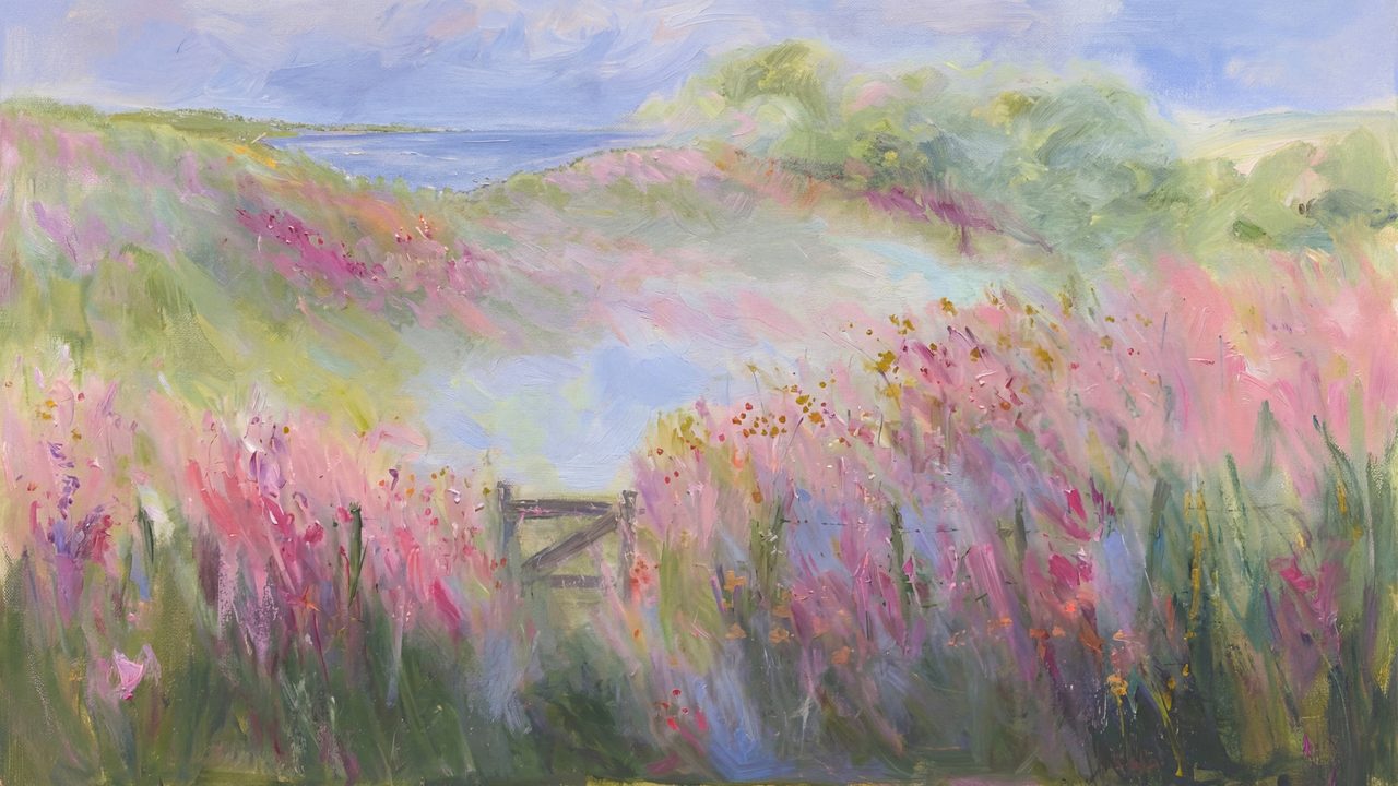 Spring Frame TV Art, Vintage Floral Landscape Oil Painting (Misty Pink Meadow with Gate)