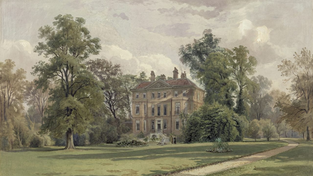 Vintage Frame TV Art, Antique Landscape Oil Painting (Manor House in Parkland)