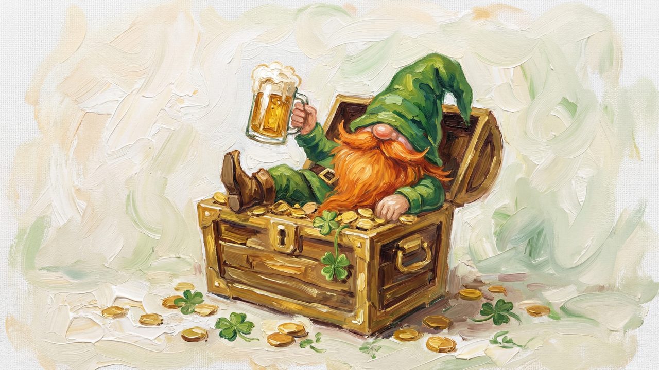 St. Patrick's Day Frame TV Art, Irish Clover Oil Painting (Gnome in Treasure Chest)