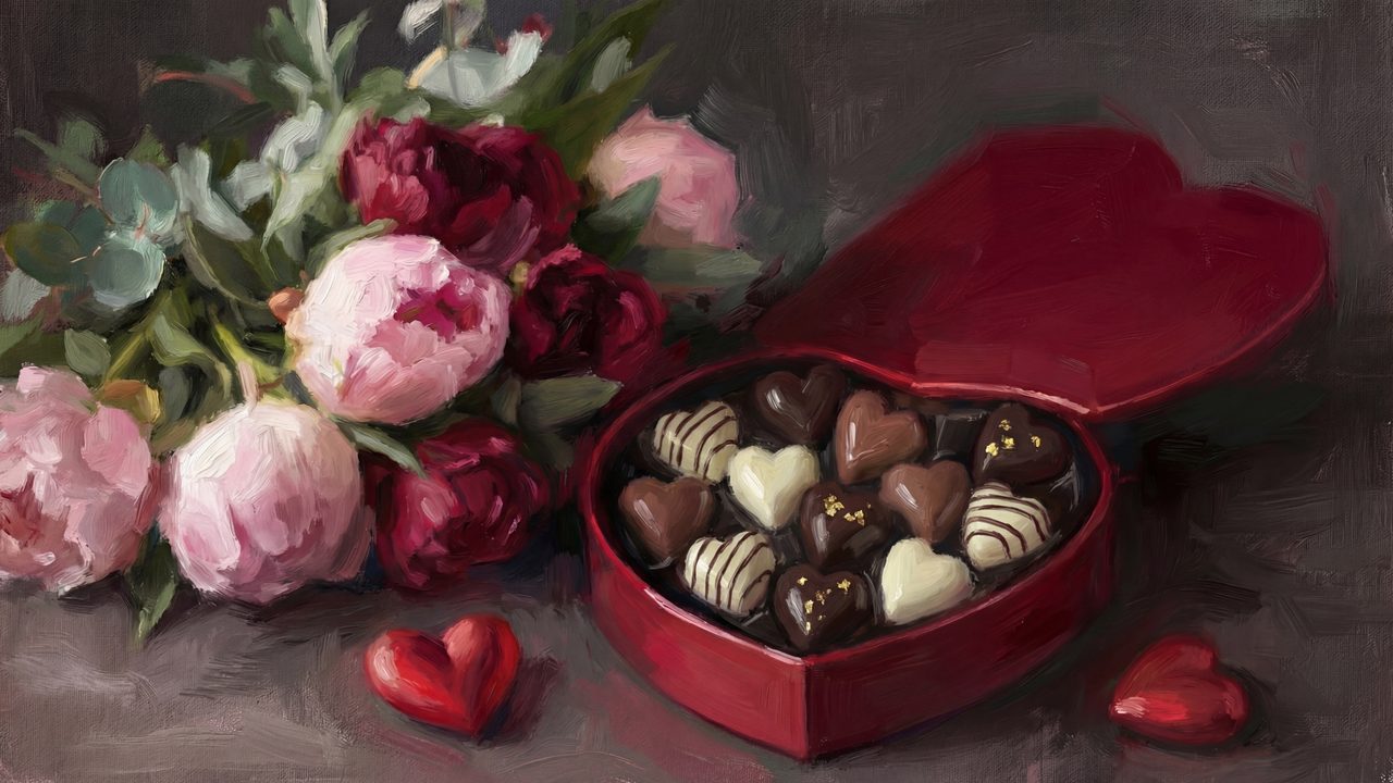Samsung Frame TV Art Valentine's Day, Heart Shaped Chocolate Box, Pink Peonies Bouquet, Romantic Still Life