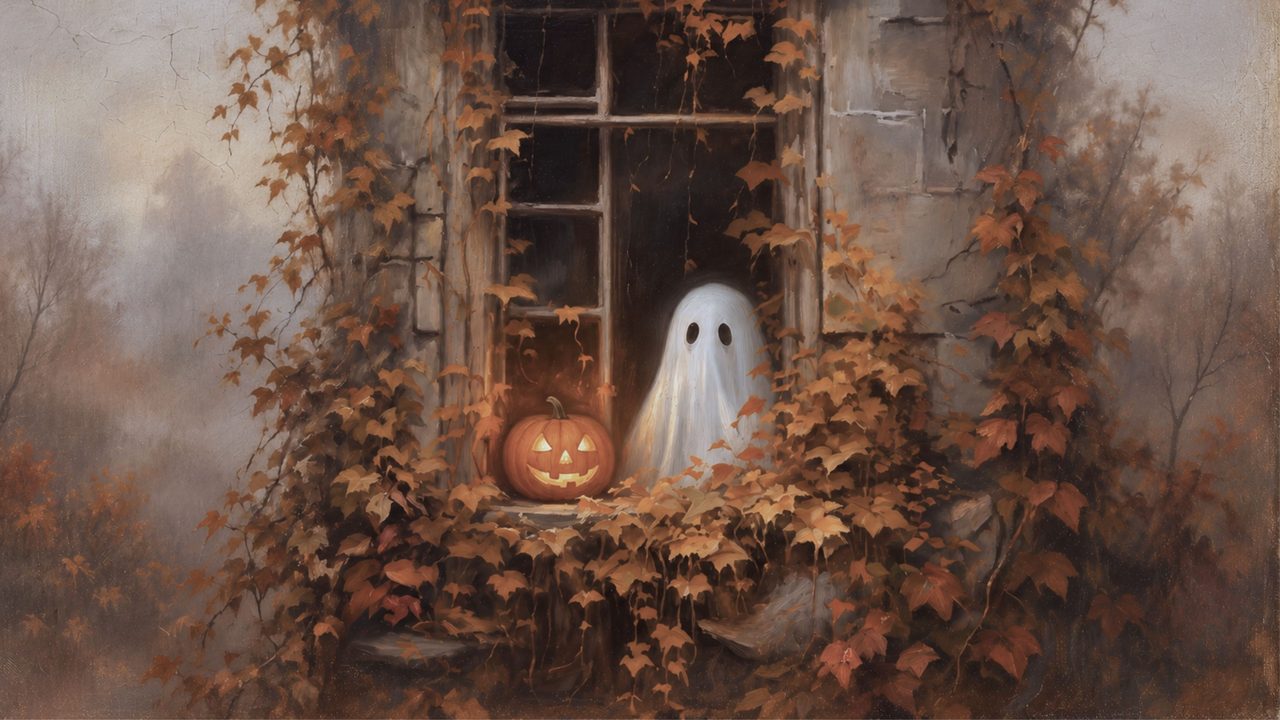 Halloween Frame TV Art, Vintage Moody Oil Painting (Ghost in Ivy Window)