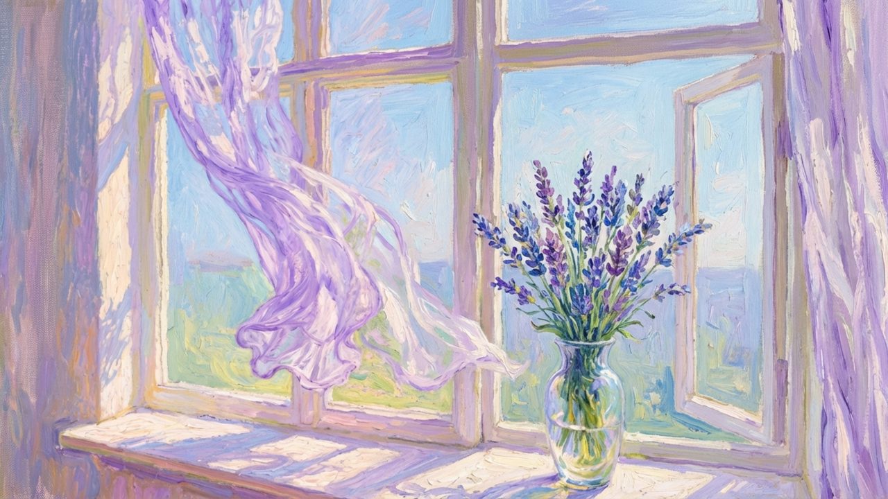 Spring Frame TV Art, Vintage Floral Landscape Oil Painting (Lavender in Window Vase)