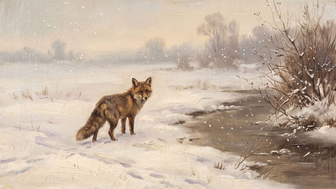 Christmas Frame TV Art, Vintage Holiday Oil Painting (Fox by Frozen Stream)