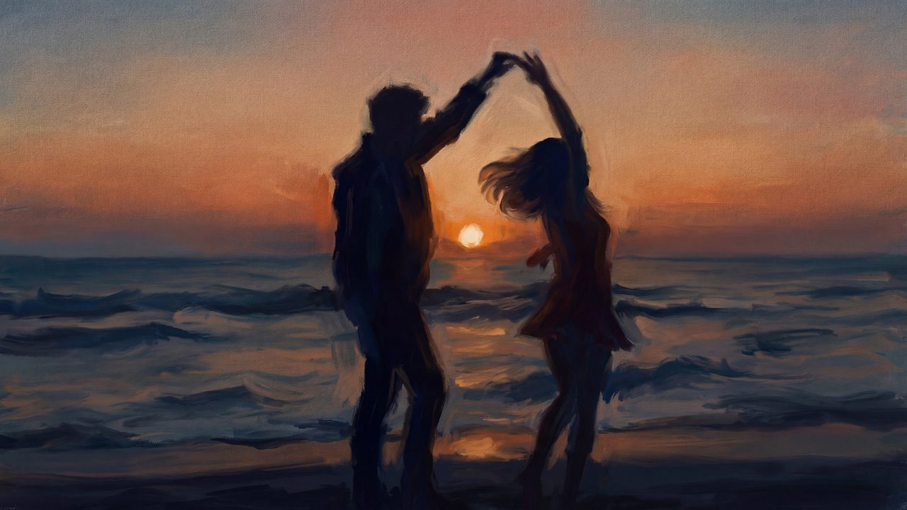 Valentine Frame TV Art, Romantic Vintage Oil Painting (Couple Dancing at Sunset Beach)