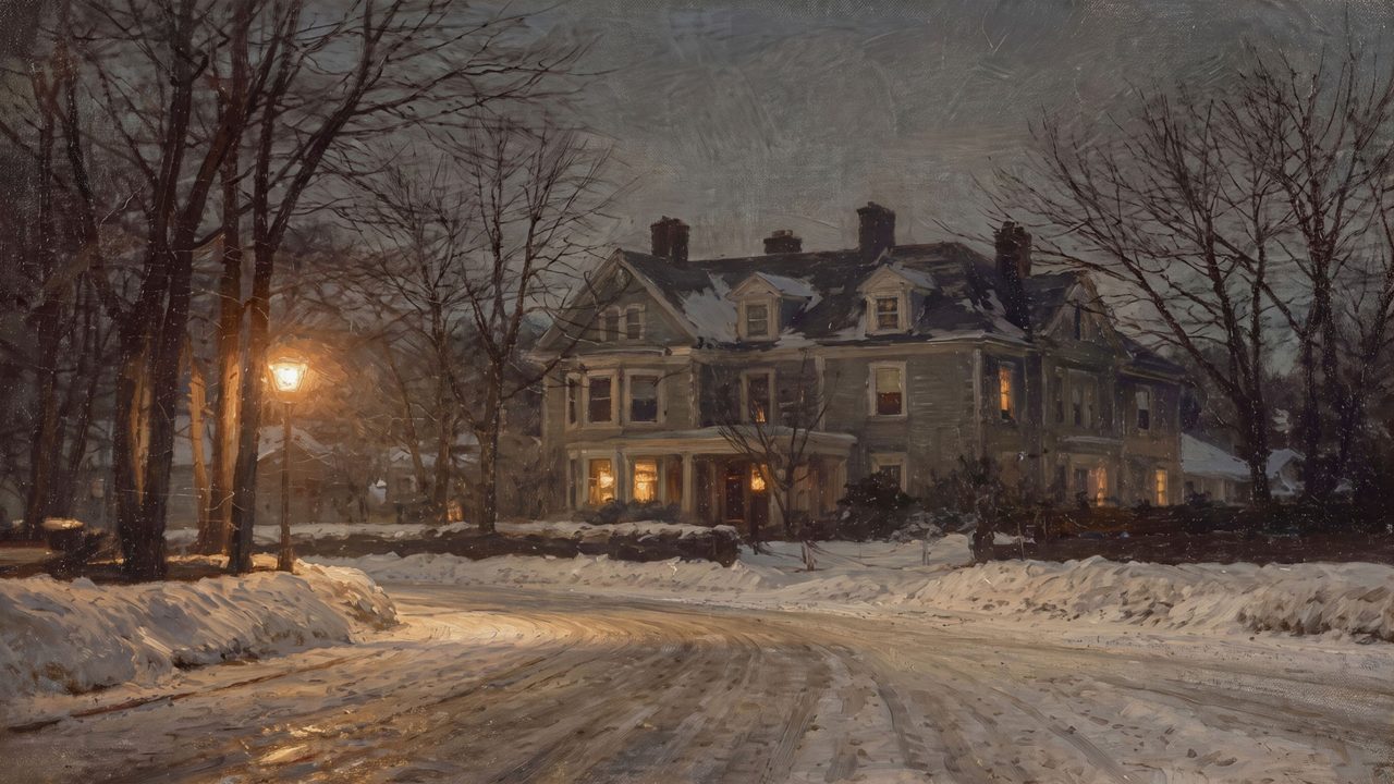 Christmas Frame TV Art, Vintage Holiday Oil Painting (Mansion on Snowy Night)