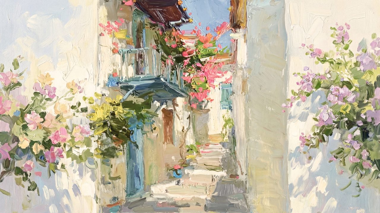 Spring Frame TV Art, Vintage Floral Landscape Oil Painting (Flowered Village Alley)