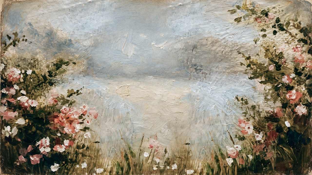 Vintage Frame TV Art, Antique Landscape Oil Painting (Roses Framing Misty Lake)