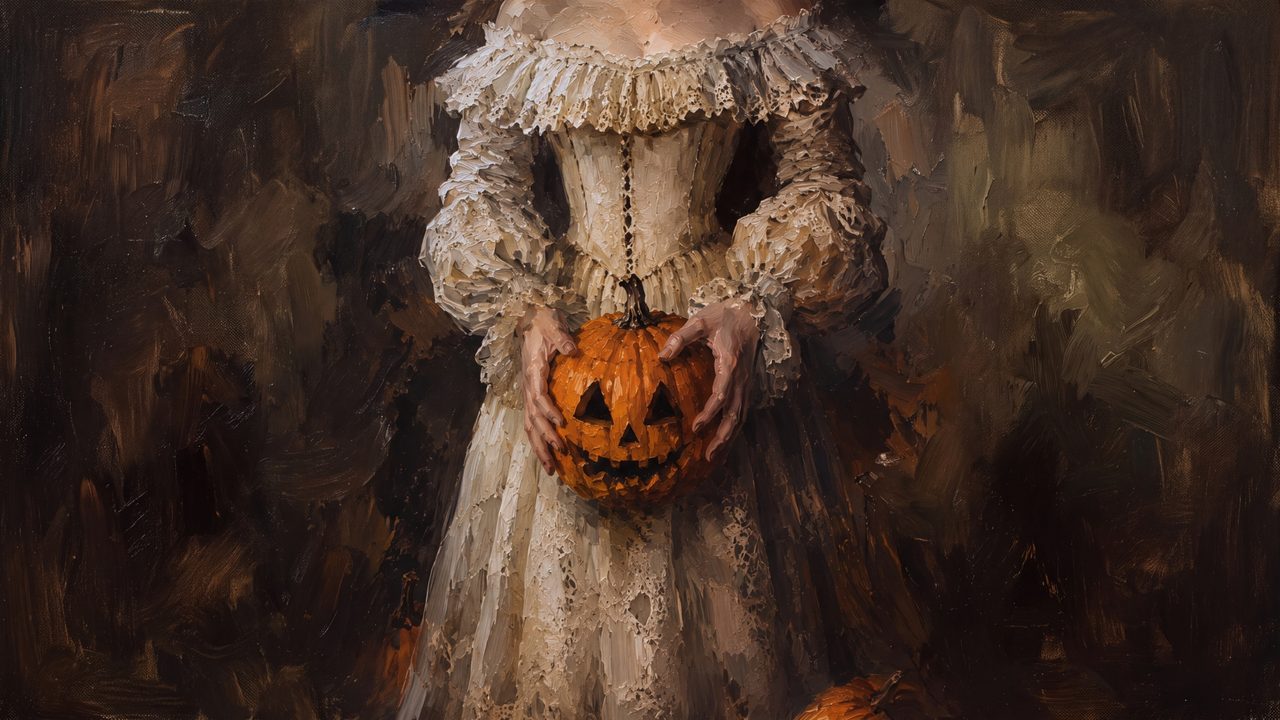 Fall Frame TV Art, Vintage Autumn Oil Painting (Girl Holding Jack O Lantern)