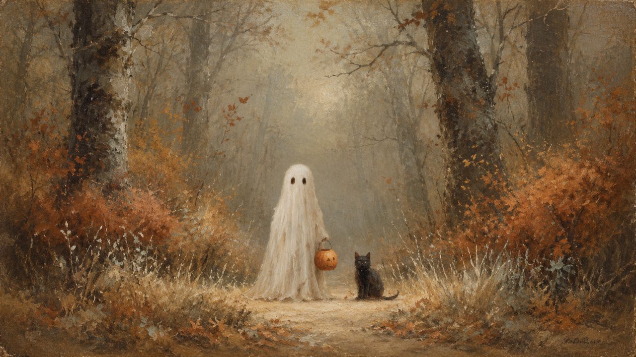 Halloween Frame TV Art, Vintage Moody Oil Painting (Ghost and Black Cat in Woods)