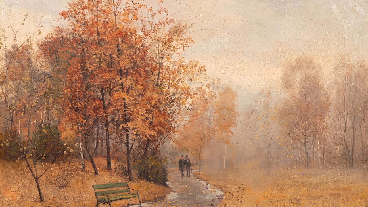 Fall Frame TV Art, Vintage Autumn Oil Painting (Foggy Autumn Park Path)