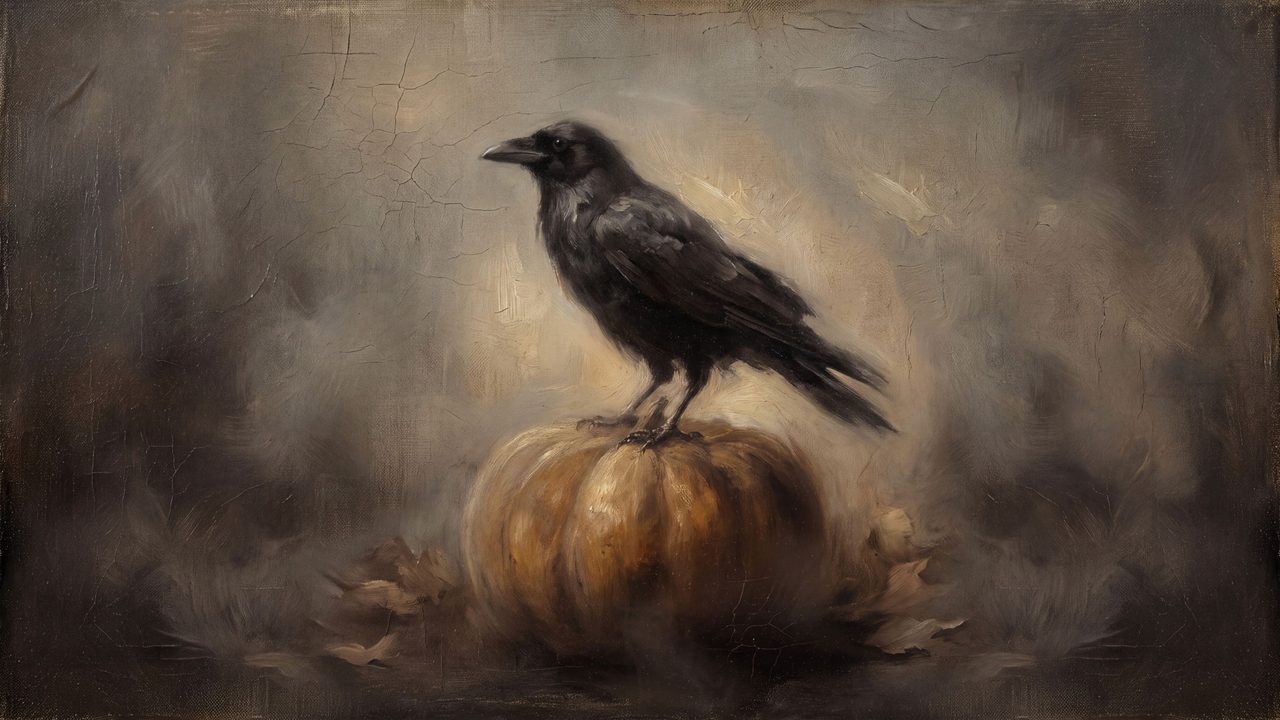 Halloween Frame TV Art, Vintage Moody Oil Painting (Raven on Pumpkin)