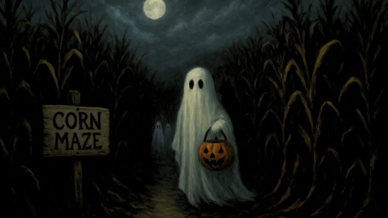 Halloween Frame TV Art, Vintage Moody Oil Painting (Ghost in Corn Maze)