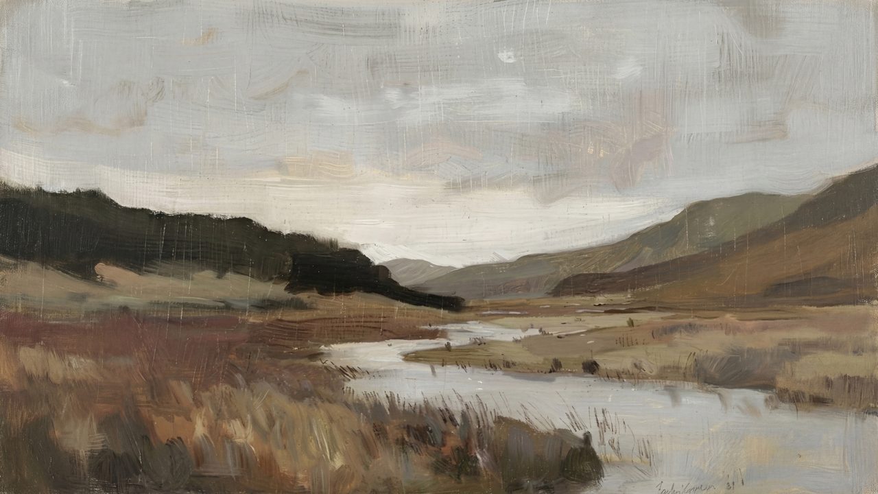 Vintage Frame TV Art, Antique Landscape Oil Painting (River Through Valley)