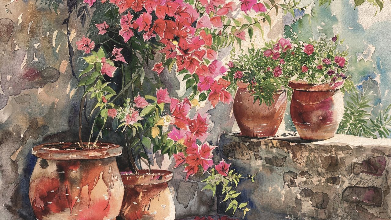 Spring Frame TV Art, Vintage Floral Landscape Oil Painting (Bougainvillea and Clay Pots)