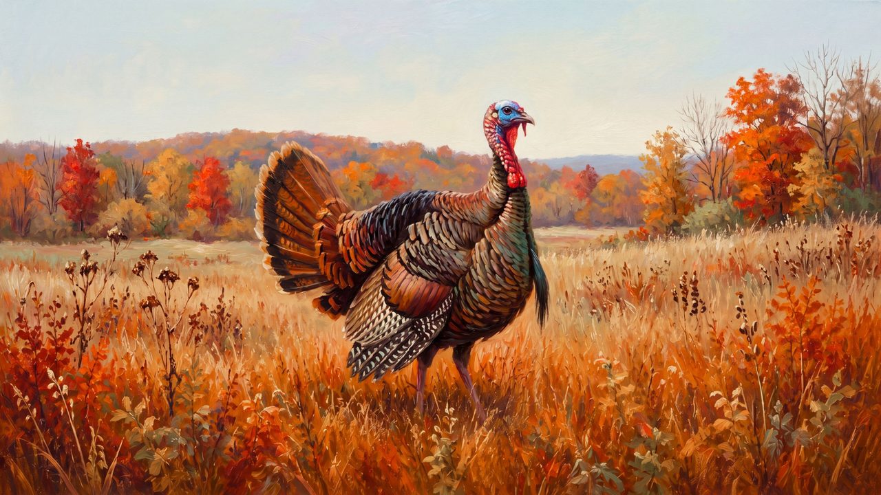 Fall Frame TV Art, Vintage Autumn Oil Painting (Wild Turkey in Autumn Meadow)