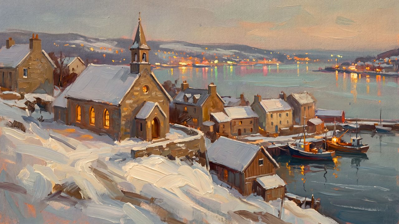 Christmas Frame TV Art, Vintage Holiday Oil Painting (Snowy Lakeside Village Church)