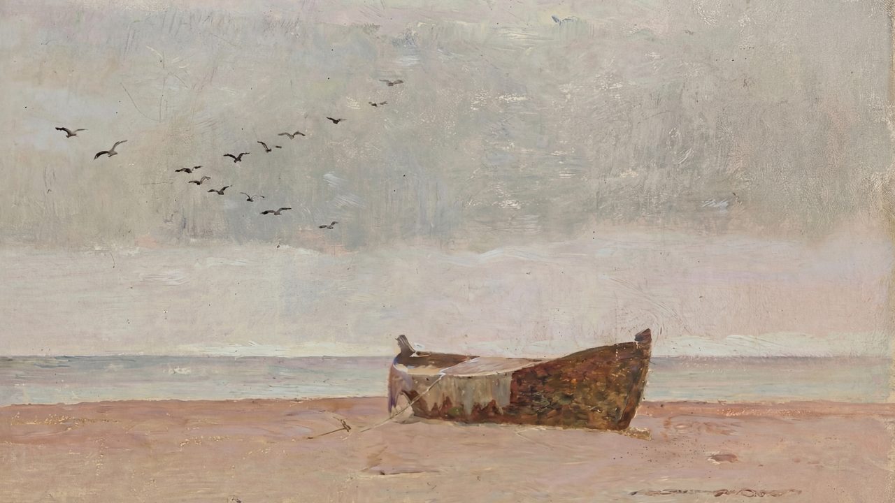 Nautical Frame TV Art, Coastal Oil Painting (Old Boat on Beach)