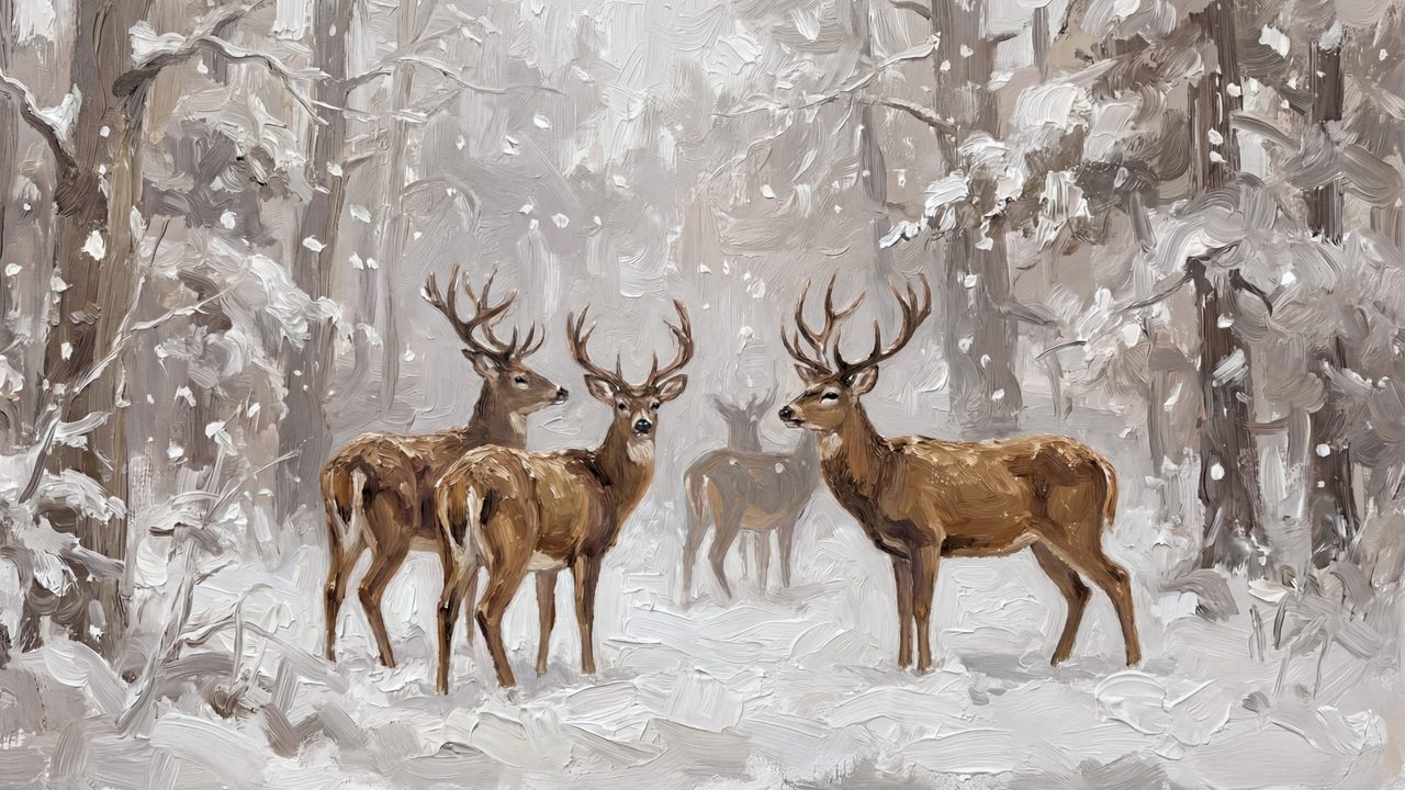 Christmas Frame TV Art, Vintage Holiday Oil Painting (Deer in Snowy Forest)