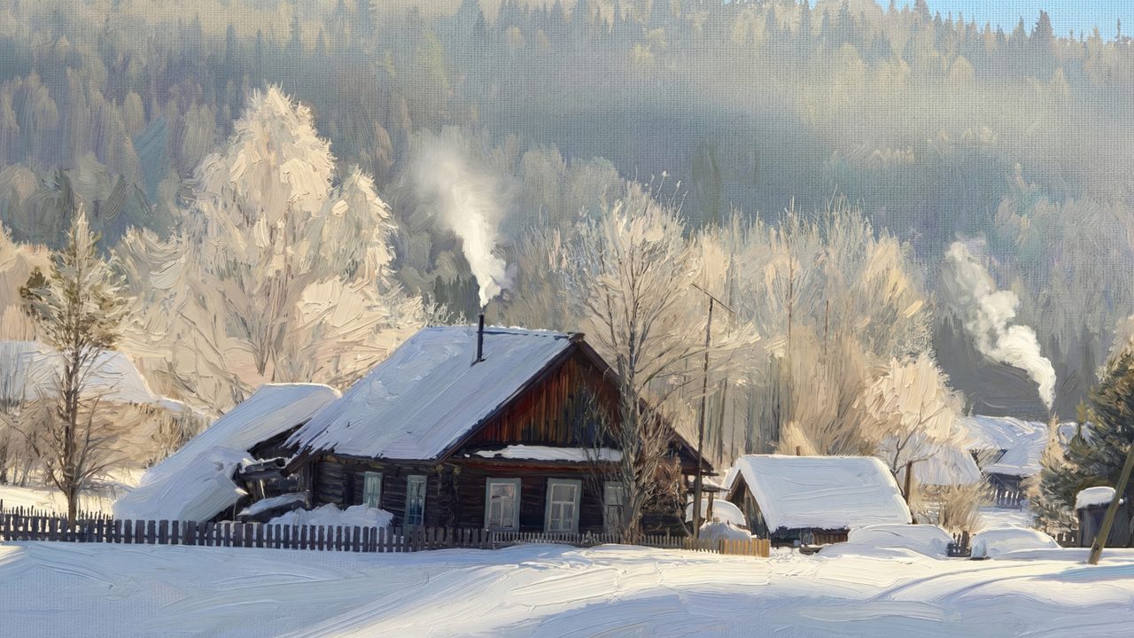 Winter Frame TV Art, Vintage Snowy Landscape Oil Painting (Snowy Cabin with Chimney Smoke)